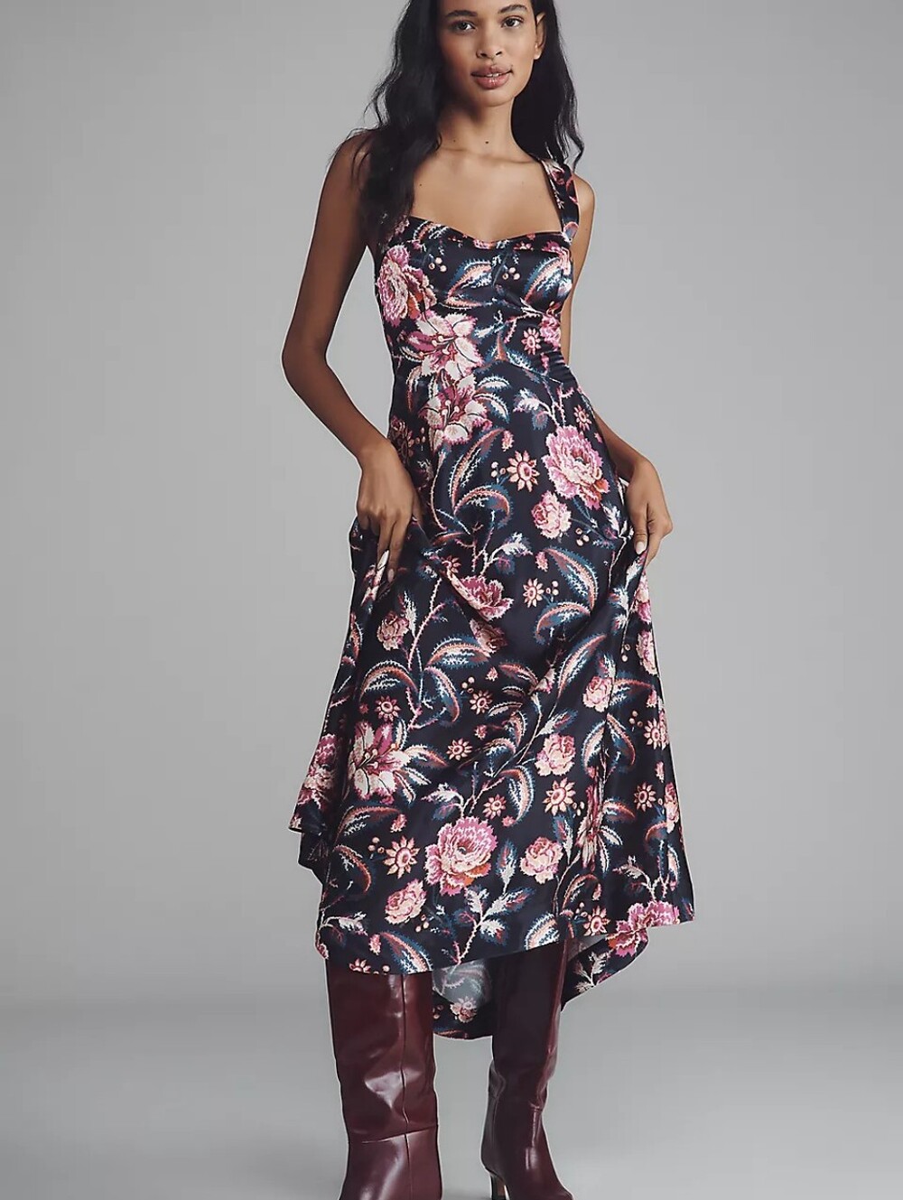 Anthropologie The Jocelyn Black  Pink Floral Sleeveless Slip Midi Dress by Maeve